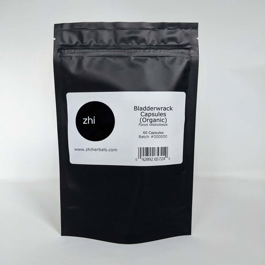 Zhi Herbals Bladderwrack Capsules (Organic) in a black resealable bag with product label and barcode.