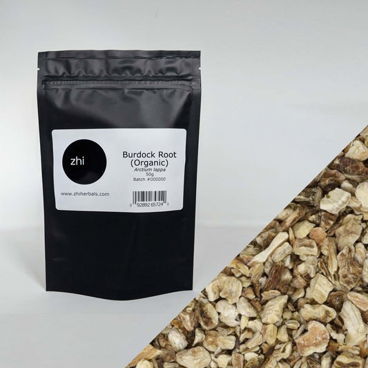Zhi Herbals Organic Burdock Root, 50g black package with label, next to a close-up of the brown cut root texture.