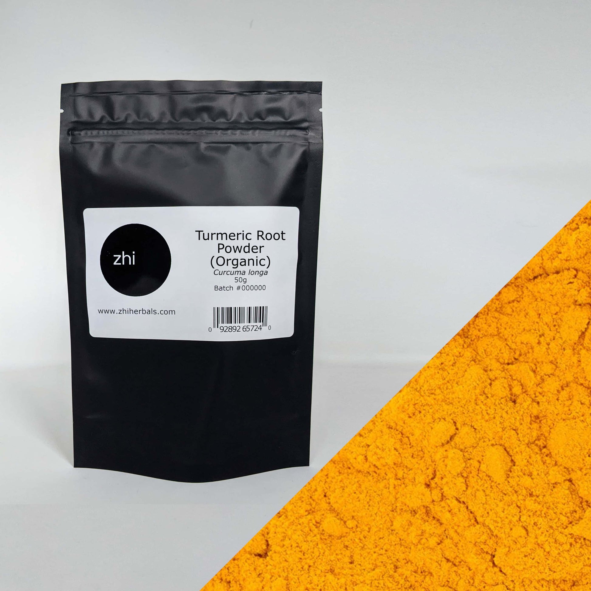 Zhi Herbals Organic Turmeric Root Powder, 50g black package with label, next to a close-up of the vivid orange powder.
