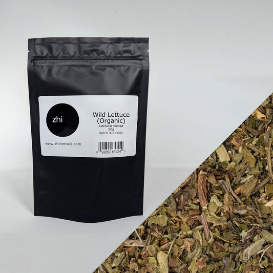Zhi Herbals Organic Wild Lettuce, 50g black package with label, next to a close-up of the green leaf texture.