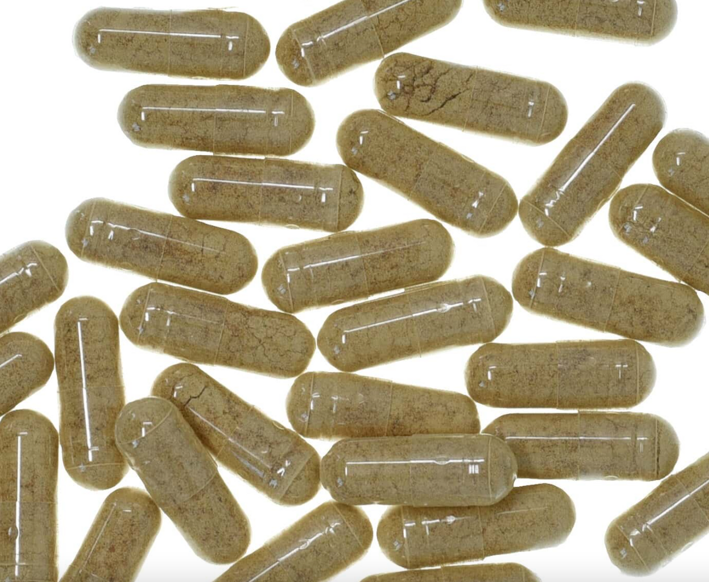 Mushroom capsules with clear glossy shells, filled with brown powder, used for natural health and wellness.