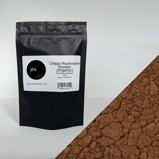 Zhi Herbals Organic Chaga Mushroom Powder, 50g black package with label, next to a close-up of the brown powder texture.
